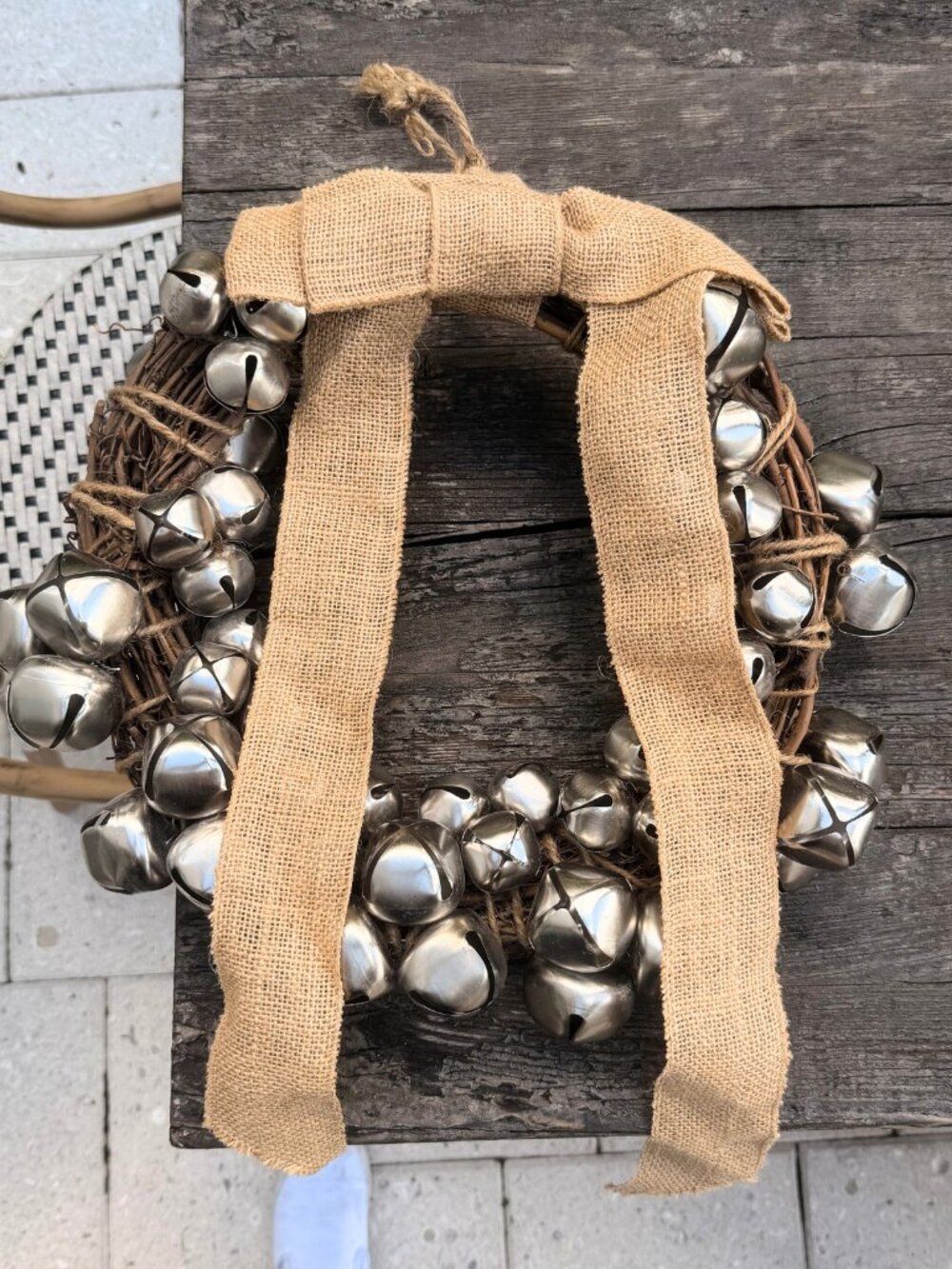 Vintage 13" Silver Jingle Bells Christmas Wreath Burlap Bow & Rustic Wood Twine